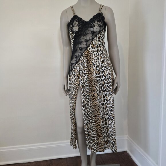 Frederick's Of Hollywood Size M Vintage Leopard Slip Dress Gown Sheer w/ Slit - Picture 6 of 16